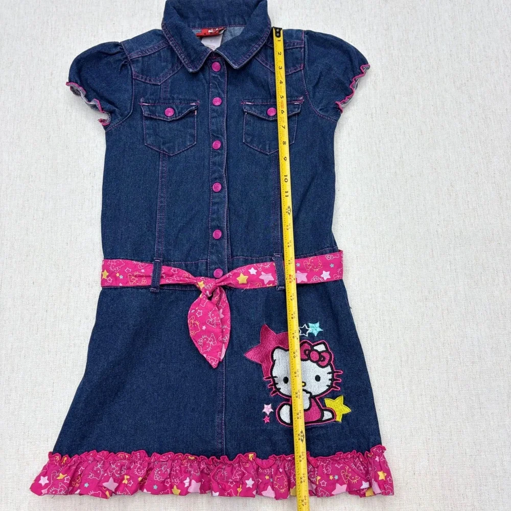 Hello Kitty Girls Denim Shirt Dress Blue Pink Ruffle Embroidered Size 12 Y2K